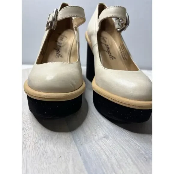 FREE PEOPLE 6.5 MAGGIE MJ PLATFORM IVORY LEATHER HEELS STRAP BUCKLE - Picture 10 of 11